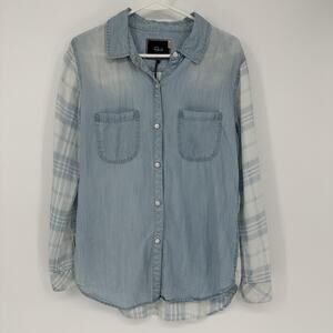 Rails Womens M Blue Plaid Tencel Chambray Button Front Shirt Long Sleeve
